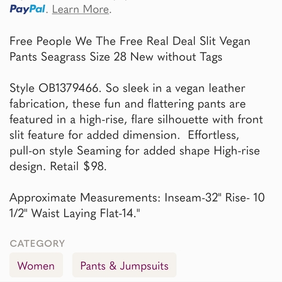 NWT Free People Beige Real Deal Faux Leather Split Hem Pants - Picture 5 of 5